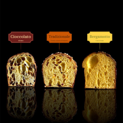 Confezione composta da 3 panettoni selezionati. Al cioccolato, il tradizionale e al bergamotto.