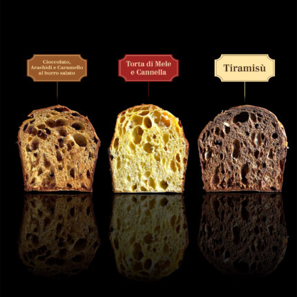 Confezione composta da 3 panettoni selezionati. Al Cioccolato, Arachidi e Caramello al Burro Salato, alla Torta di Mele e Cannella e al Tiramisù.
