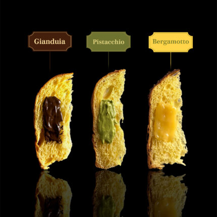 Confezione composta da 3 panettoni selezionati. Alla crema alla gianduia, alla crema di pistacchio e alla crema di bergamotto.