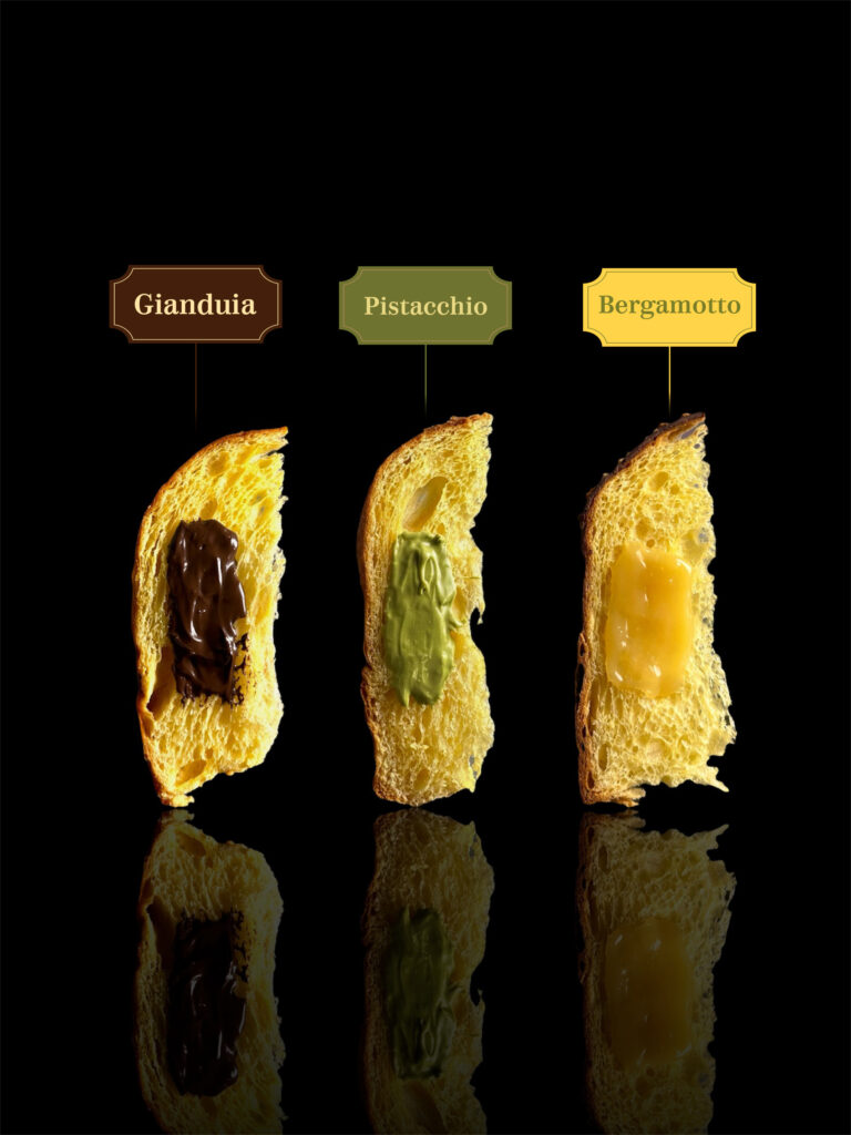 Confezione composta da 3 panettoni selezionati. Alla crema alla gianduia, alla crema di pistacchio e alla crema di bergamotto.